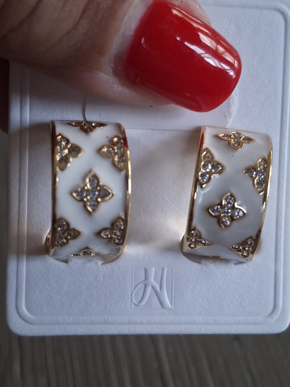 Gold-Tone White Enamel Hoop Earrings with Crystal Motif - Women Jewelry